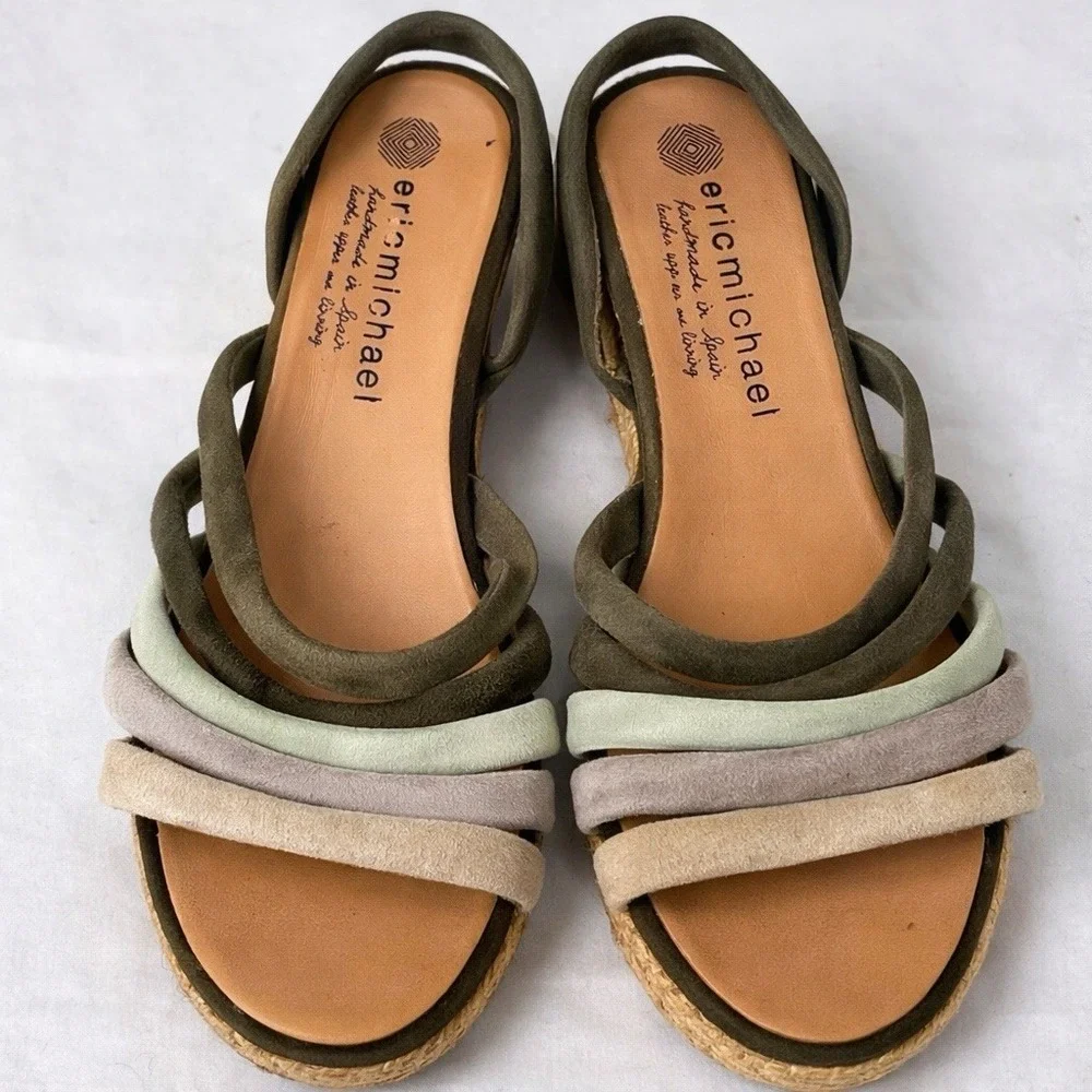 Eric Michael Spain Leather Espadrille Wedge Sandals Womens 38 Multicolor